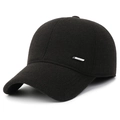 Winter wool baseball cap with earflaps for men featuring a silver metal fashion tag - Adjustable / Black
