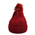 Deep red cable knit beanie with a matching faux fur pompom for winter warmth - Dark Red
