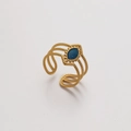 Detail of adjustable gold-plated ring with triple twisted texture and blue enamel inlay - Blue Shuttle (ZJ229)
