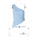 Detail of light blue one-shoulder top with side waist pleats and metal buckle decoration - S / Blue