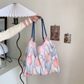 Detailed view of floral tote bag with blue woven handles and stylish tulip pattern - Pink Tulip