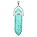 Teal hexagonal crystal pendant with black veins and silver metal clasp on white background - Light Blue Turquoise