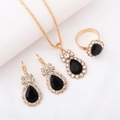 Vintage gold jewelry set with black teardrop rhinestones on white fabric - Three-Piece Set / Waterdrop-Black