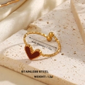 Gold stainless steel ring with red enamel heart, twisted texture and ball detail - Hammered Asymmetric Heart Style (1462)