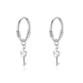 Minimalist S999 sterling silver hoop earrings with vintage key-shaped pendants - S999 Sterling Silver / Key Earrings