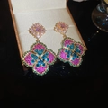 Bohemian clover drop earrings with colorful crystals and premium gold plating - Gold Pink Blue Rhombus