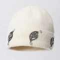 White knit beanie hat with fuzzy mohair texture and shimmering rhinestone leaf patches - One Size / White