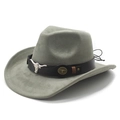 Detail of grey suede cowboy hat featuring a black leather band and silver bull head emblem - M (56-58cm) / Army Green