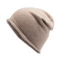 Minimalist oatmeal knit beanie cap with cozy rabbit fur blend and rolled edge design - One Size / Khaki