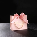 Pink paper wedding candy gift bag with golden Thank You text and large satin bow - 14x6x12cm / Thank You Pink Bag + Dusty Rose Ribbon
