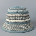 Close-up detail of crochet knit pattern on striped sun hat in blue, white, and khaki - M (56-58cm) / Green