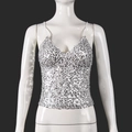 Sparkling silver sequin V-neck camisole top with thin shoulder straps on mannequin - S / White