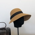 Wide brim summer straw sun hat featuring a classic black ribbon and bow on mannequin - 55-60cm (Adjustable) / Khaki
