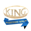 Couronne KING dorée avec écharpe bleue BIRTHDAY KING pour décoration fête d'homme - Or strass blanc + Écharpe bleu marine texte doré