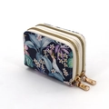 Dual-zipper card wallet with dark blue canvas featuring white cockatoo and floral patterns - Dark Blue Orchid