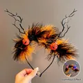 Glowing Halloween headband with black antlers, feathers and pumpkin lantern detail - 12# Bell Pumpkin Headband [With Light]