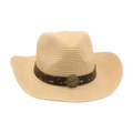 Chapeau de cowboy en paille beige avec bande en cuir marron et badge étoile en métal - Taille unique / Beige
