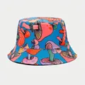 Detail of vibrant blue bucket hat with colorful psychedelic mushroom patterns - M (56-58cm) / 13# Blue Psychedelic Mushroom