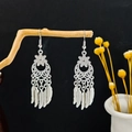 Ethnic style silver leaf tassel earrings with hollow flower design on wood branch - Silver Ring Hollow Feather Leaf Tassel Style (E5987-4)