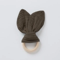 Baby bunny ear teether with brown cotton muslin and natural wood ring toy - Dark Brown