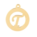 Close-up of golden hollow circular pendant featuring the letter T in stainless steel - Letter T