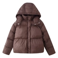 Women's dark brown hooded puffer jacket with quilted padding and metal snap buttons - S / Brown