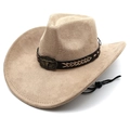 Khaki Western Cowboyhut aus Wildlederimitat mit Lederband und Bullenkopf-Metallschnalle - M (56-58cm) / Camel