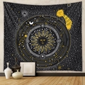 Detail of bohemian black tapestry with gold sun and star patterns on grey textured wall - Starry Sun (GT714-13)