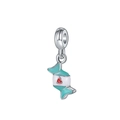Macro detail of candy-shaped silver charm with turquoise enamel and small red heart - Candy Shape / Turquoise