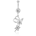 Silver belly button ring set with heart and butterfly wings cubic zirconia charms - Silver Butterfly Heart