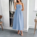 Elegante strapless blauwe A-lijn midi-jurk voor dames in een minimalistische zomerstijl - S / Blauw