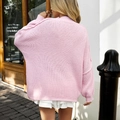 Pink knit cardigan sweater in relaxed drop-shoulder design shown from a back view - S / Pink