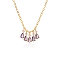 Gold necklace featuring five pear-shaped purple stones with pink round accents on chain - Gold Purple Zirconia