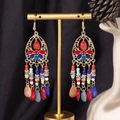 Detail of bohemian drop earrings with colorful beads on a golden metallic frame - S4293-1 Colorful Water Drop Fringe Earrings