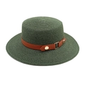 Detail of dark green straw boater hat featuring a brown leather band and gold buckle - M (56-58cm) / Dark Green