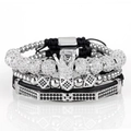 Men's silver crown and geometric bead stackable bracelet set with black leather accent - Silver Set 3pcs (Crown + Cube + Pagoda Tube)