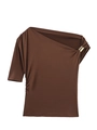 Close-up of side pleats and golden metal ring detail on dark brown asymmetric top - Coffee