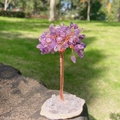 Handcrafted amethyst tree of life on white agate base with copper wire wrapping - Amethyst