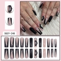 Long coffin press-on nails with black V-cut French tips, 3D flowers and sparkling crystals - SGCY-248 / Glue Type