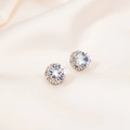 Silver needle stud earrings with round cubic zirconia and halo diamond design - Silver Full Diamond Round