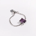 Detailed view of adjustable silver chain ring with purple rectangular gemstone and heart charm - Purple Zircon - White Gold