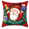 Close-up of festive Christmas pillowcase featuring Santa, trees, and Merry Christmas text - DRD247-20 (Red Illustration Collage)