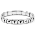 Pulsera elástica de eslabones de acero inoxidable con cruces negras grabadas en plata - Cruz Negra 18 Eslabones