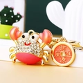 Sparkling red crab keychain with rhinestones and golden prosperity pendant charm - Pink Lucky Crab with Coin