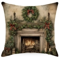 Vintage Christmas pillow cover featuring a festive fireplace with wreaths and candles - YMD511-26 (Christmas Fireplace)