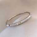 Silver-toned bamboo style open cuff bracelet with sparkling zircon pavé accents - 19# Silver Bamboo