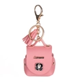 Pink PU leather mini backpack keychain with flower bead buckle and tassel charm - Peach