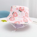 Pink cotton kids bucket hat with rabbit and strawberry prints plus adjustable chin strap - Light Pink-Flower Strawberry Rabbit
