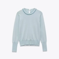 Hellblauer Langarm-Strickpullover mit Perlenverzierung am Ausschnitt und Rückenausschnitt - S / Hellblau