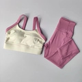 Women's cream and pink yoga set with sports bra and high-waisted leggings with side pockets - Wild Rose